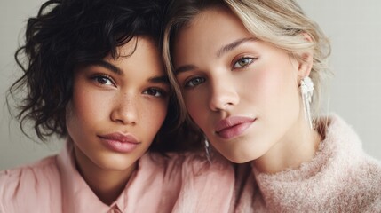 Obraz premium A stunning portrait of two diverse women looking directly into the camera with soft, natural beauty.