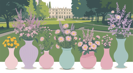Colorful vases with flowers in front of a grand building and landscape