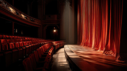 Theatrical stage with red curtains, rows of seats, and anticipation of a show in a grand theater setting.