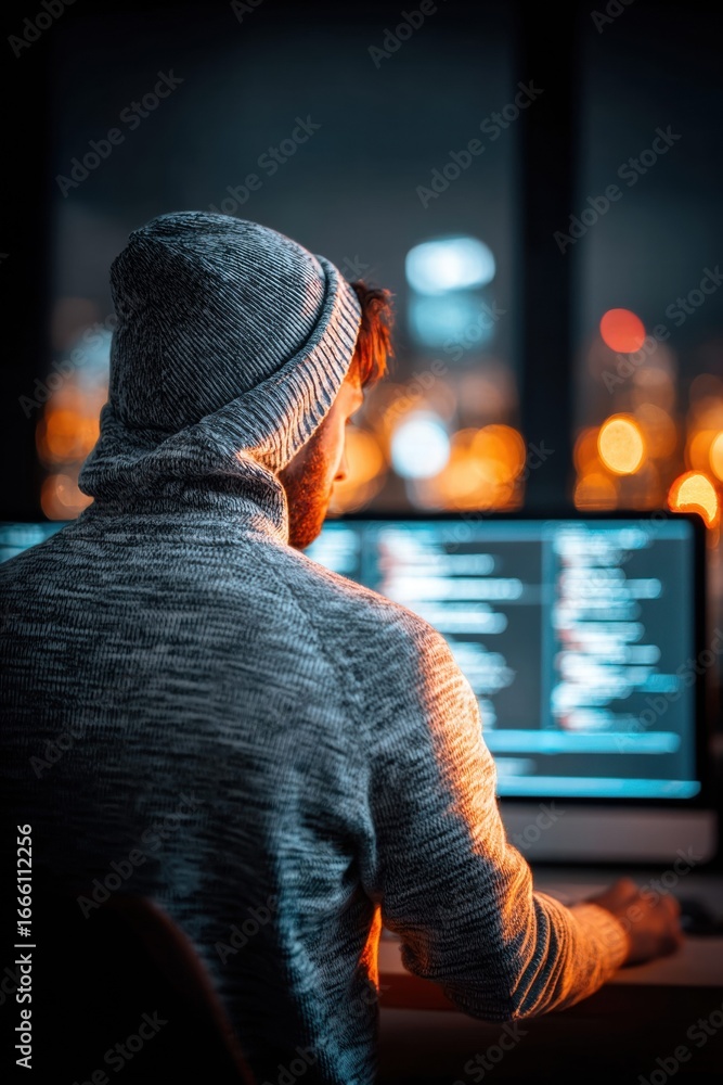 Leinwandbilder a coder working late at night on a computer with city lights in the background, illuminated by the s