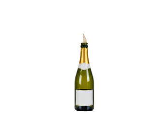 Sleek unbranded champagne bottle erupting with vibrant golden liquid spraying dynamically from its neck, against transparent studio background, high-key light. Celebration of success
