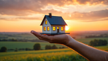 A Hand Holds a Miniature Dream Home Against a Golden Sunset Creating a Vision of Hope and Future Homeownership