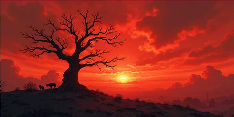 Vibrant clouds at dawn and dusk paint the mountain and desert landscapes with a fiery orange and red, silhouetting the trees against the sky © Foysal