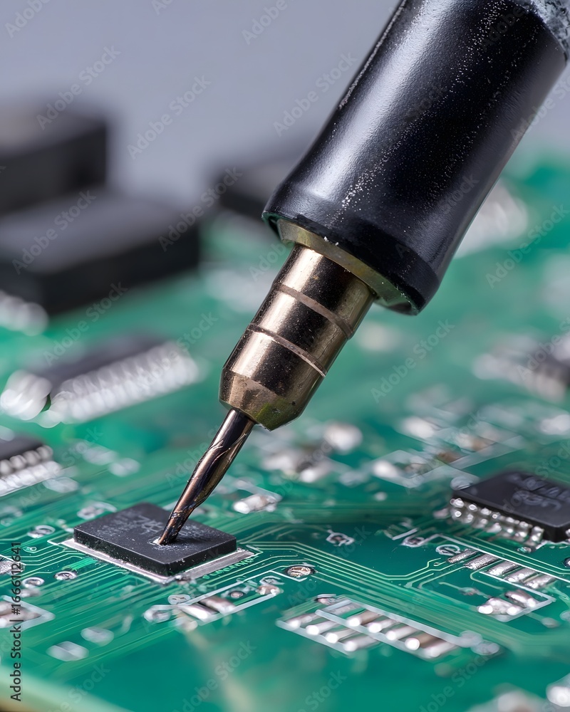 Poster close-up of a precision tool applying solder on a circuit board, showcasing intricate electronic com