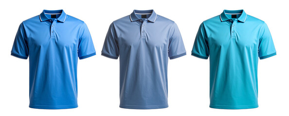 Three blue polo shirts with transparent background showing different shades of color