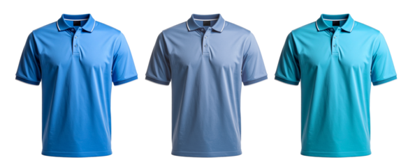 Three blue polo shirts with transparent background showing different shades of color