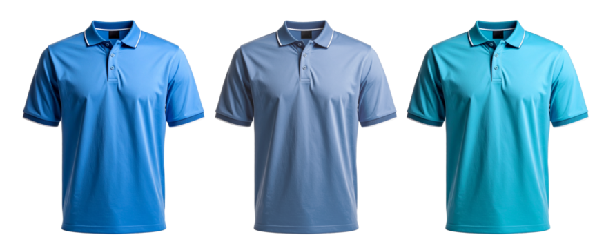 Three blue polo shirts with transparent background showing different shades of color