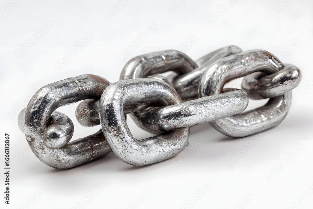 Poster close-up view of a metallic chain link showcasing its texture and shine against a neutral background