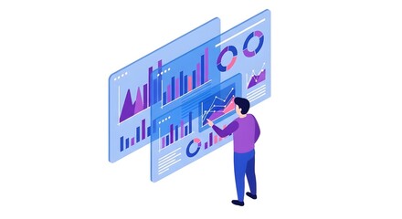 Isometric person analyzing digital data charts on transparent screens Analytics Dashboard Business Insights Vector