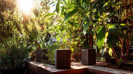 Outdoor solar speakers installed in the garden blend harmoniously with plants and sunlight.