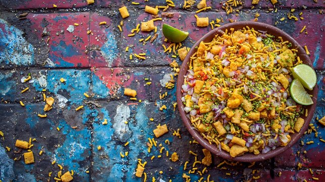 Overhead shot of bhel puri, a vibrant mix of sev and papdi, with ample space below, light, street food photography.