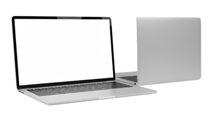 Sleek, modern silver laptop open with blank white screen, another closed behind it, isolated on a seamless transparent studio background, high-key, shadowless. Concept of digital innovation and clean