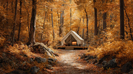 A cozy tent awaits in a golden autumn forest, perfect for holiday preparation and a winter retreat.