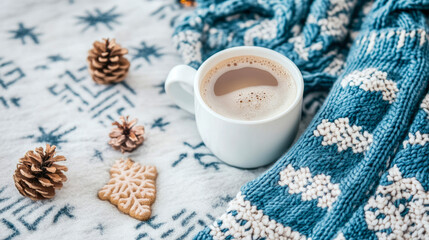Cozy winter scene with warm mug of coffee or hot chocolate, festive snowflake cookie, natural pinecones, and snug blue knitted blanket
