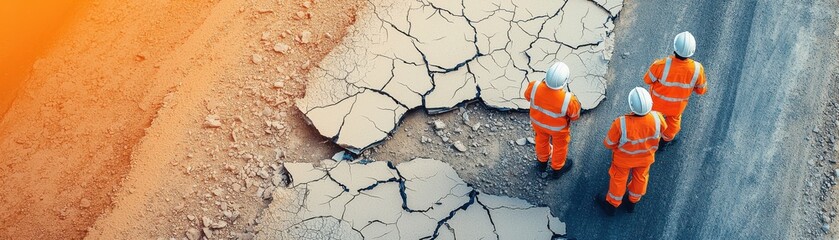 Workers assess damage on a cracked road surface, highlighting infrastructure challenges.