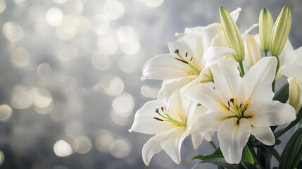A bouquet of white lilies on a blurred abstract background with bokeh effect and copy space. Floral background illustration.