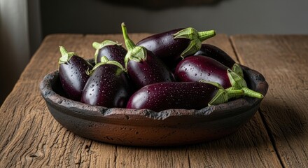 Ripe eggplants in rustic clay bowl sitting on weathered wooden table