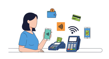 Fototapeta premium Woman using phone for contactless payment at POS terminal, modern digital transaction