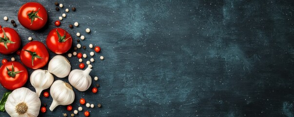 Fresh ingredients including tomatoes, garlic, and spices on a dark surface.