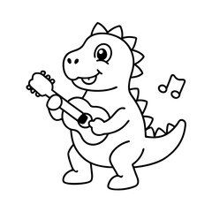 Adorable Cartoon Dinosaur Playing Ukulele:  Cheerful, Line Art Illustration for Children's Book, Music, or Educational Designs.