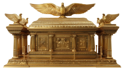 The Ark of the Covenant, an ancient sacred chest, intricately designed with gold. Bible Jewish God holiest chest.	
