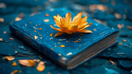Vibrant orange lotus flower atop distressed dark blue vintage book, elegantly adorned with scattered petals, creating serene and mystical still life composition
