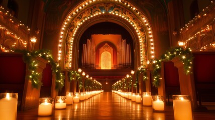 Obraz premium Elegant candlelit pathway leads to a beautifully decorated stage in an ornate venue