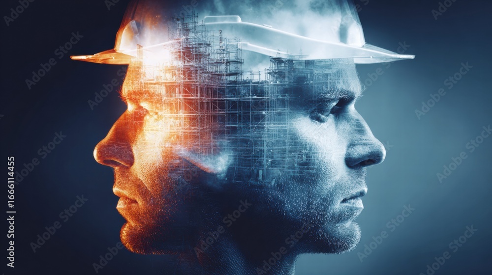Poster conceptual image of a construction worker with a building site merged with his face.