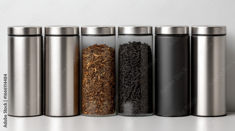 Poster assorted spice jars lined up on a kitchen counter showcasing various herbs and teas in a modern sett