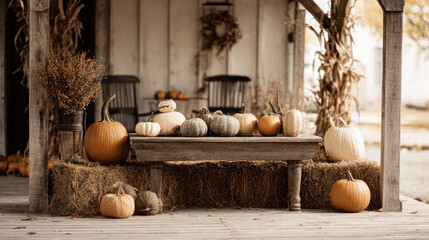 A cozy autumn porch is decorated with pumpkins and ready for the holidays.
