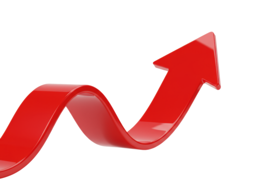 Sleek, glossy 3D red arrow with smooth curves, isolated on a pristine transparent studio background with soft high-key lighting, dynamic diagonal path concept of strategic progress and growth