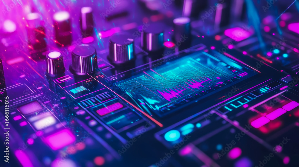 Aufkleber mesmerizing cyber-punk inspired circuit board alive with glowing magenta and cyan lights, featuring 