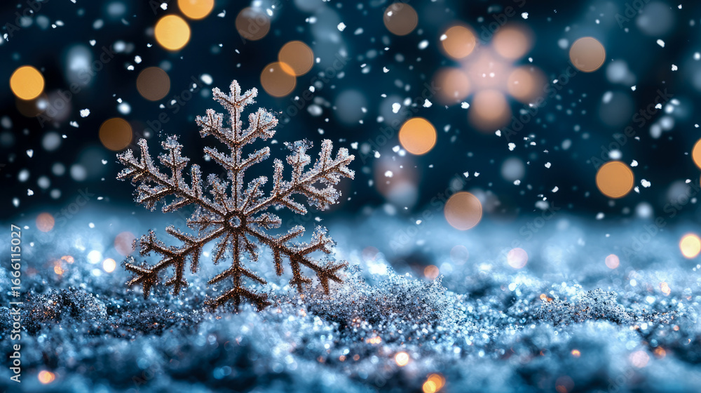 Poster close-up of delicate frosted snowflake resting on sparkling snow, illuminated by warm bokeh lights a
