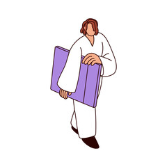 Woman walking with large portfolio folder. Young creative professional, artist going outdoors, carrying case with architect and designer drawings. Flat vector illustration isolated on white background
