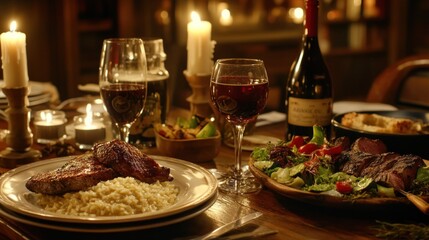 Rustic dinner table with grilled meats, rice, wine, and salad