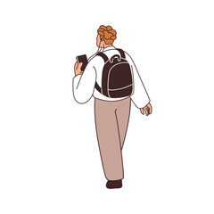 Man walking with mobile phone in hand, listening music with earphones. Male with backpack, going away outdoors, holding smartphone, back view. Flat vector illustration isolated on white background