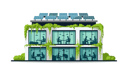 Eco-friendly office building with solar panels and greenery creates a sustainable and modern work environment