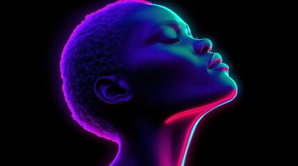 A stunning neon portrait showcases a woman's face illuminated in vibrant colors against a dark backdrop.