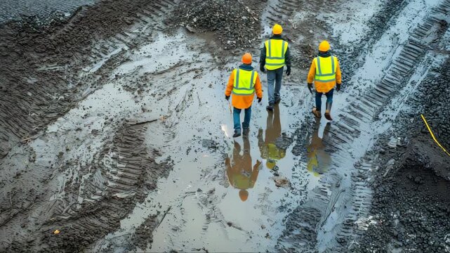 Workers in safety gear assess a construction site after rain in the early morning hours with muddy conditions and tire tracks
