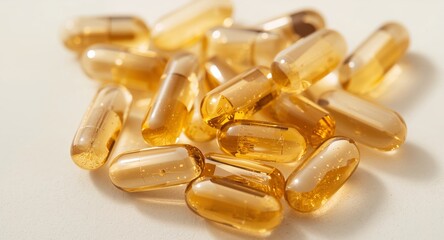Golden Capsules on Beige Surface, Illuminated with Soft Light and Subtle Shadows.