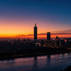 Fototapeta premium Twilight cityscape view over Taipei reflecting on the river at night