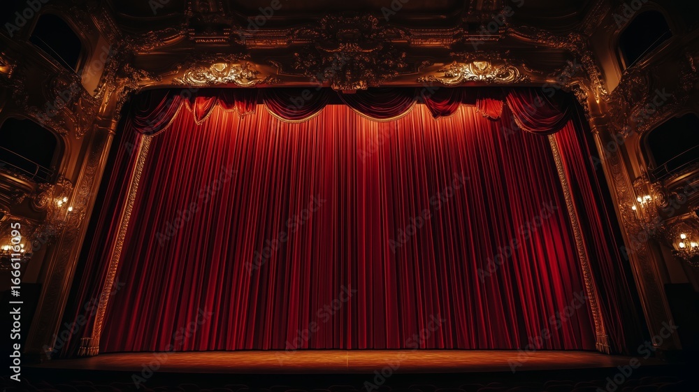 Poster stage with red curtains ready for performance in historic theater setting