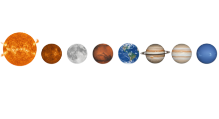 Hyper-realistic Sun, Mercury, Venus, Earth, Moon, Mars, Jupiter, Saturn, Uranus, Neptune, and Pluto precisely aligned in two rows on a transparent studio background with copy space, concept of global
