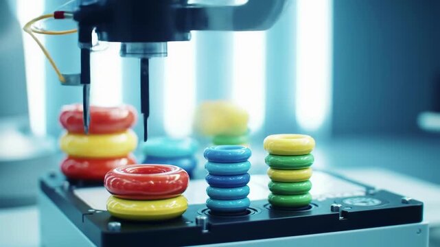 Automated robotic arm arranging colorful stacked rings with precision in a hightech environment