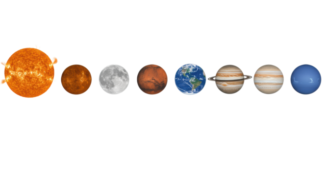 Hyper-realistic Sun, Mercury, Venus, Earth, Moon, Mars, Jupiter, Saturn, Uranus, Neptune, and Pluto precisely aligned in two rows on a transparent studio background with copy space, concept of global