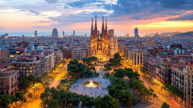 Stunning Aerial View of Barcelona with Sagrada Familia at Sunset Illuminating the Cityscape and Mediterranean Sea