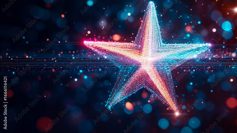 Poster mesmerizing abstract star of interconnected blue and red light particles, radiating digital energy a