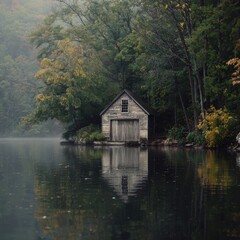 Fototapeta premium A peaceful boathouse reflecting in calm lake waters.