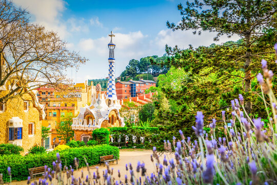Barcelona cityscape on sunny summer day, travel destination and vacations concept. Garden in Park, Barcelona Spain.