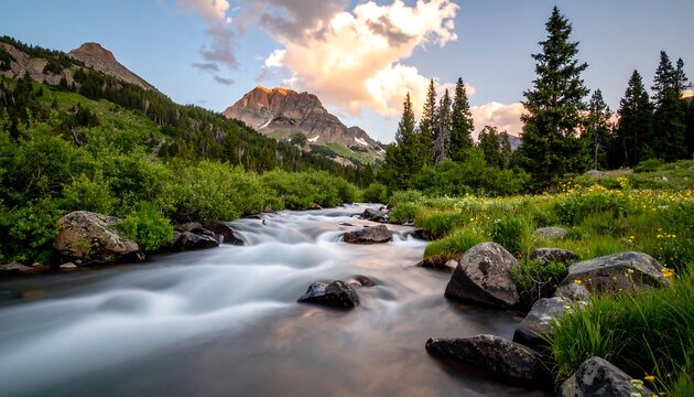 Mountain stream at sunset